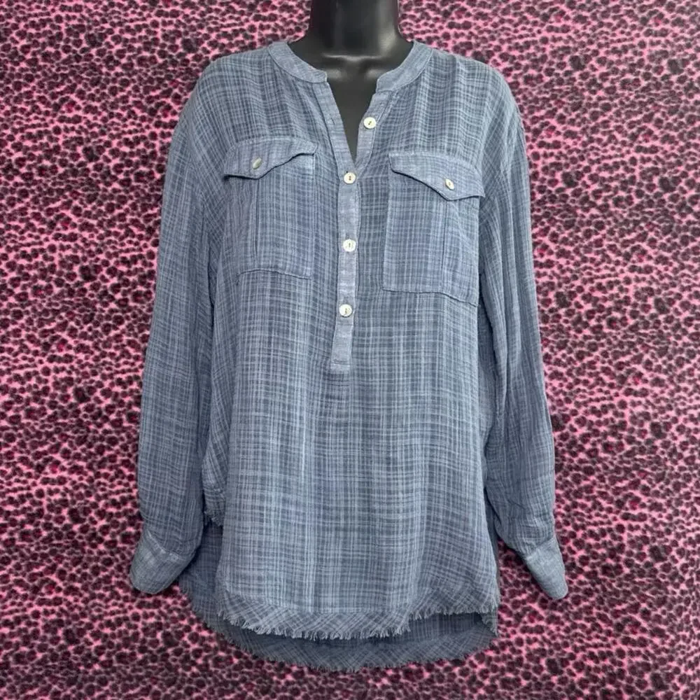 Free People Talk To Me Plaid Gauze Popover Frayed Hem Boho Tunic Top Size XS